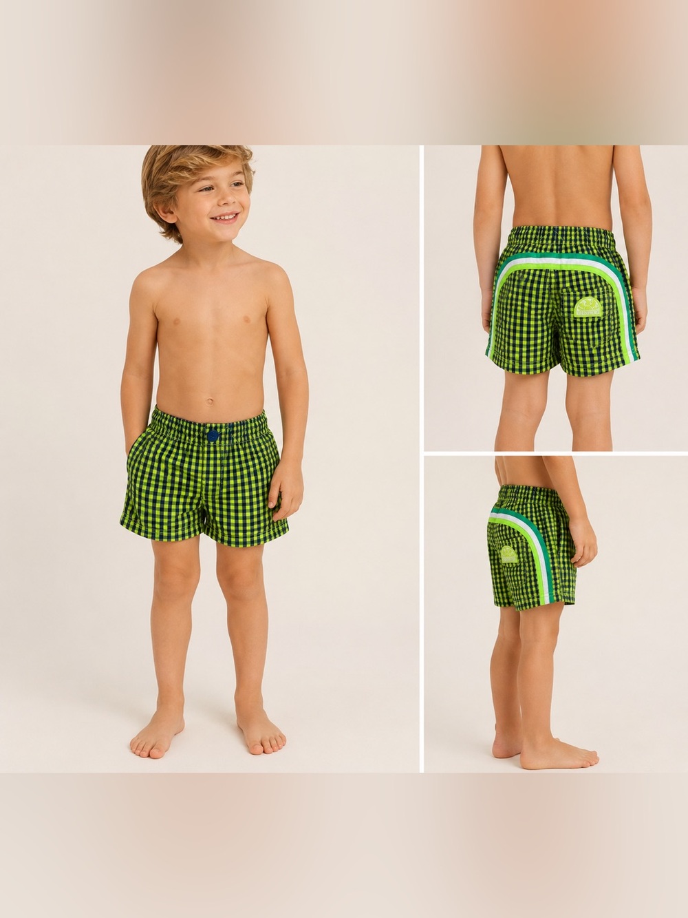 Sundek Boys Size 4 Neon Green Navy Gingham Swim Trunks Rainbow Stripe